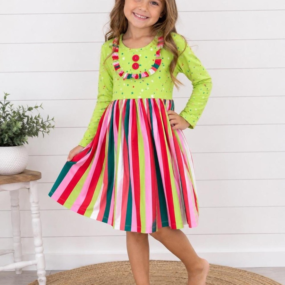 Eleanor Rose Girls Rhonda Dress Green Star Stripe Ruffle Long Sleeve Size 4-5